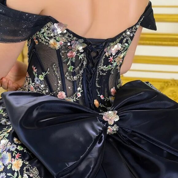 New Navy Off The Shoulder Quinceanera Floral Dress w/ Layered Skirt GL3792 - Picture 10 of 13